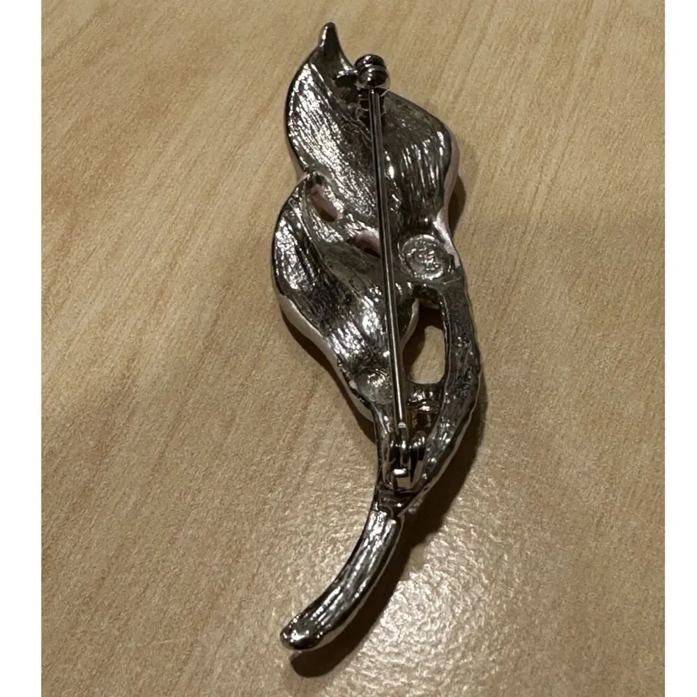 Vintage Silver Tone Pink Cream Enamel Calla Lily Brooch Pin Rhinestone